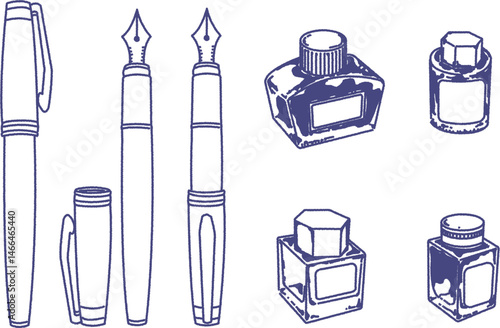 万年筆とボトルインクの線画のイラストセット