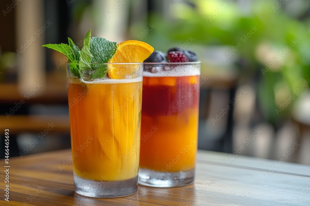 Fototapeta premium Two refreshing fruit drinks, garnished with citrus and berries.