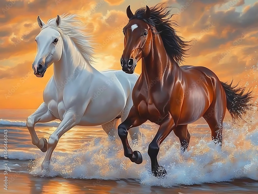 Fototapeta premium Horses Running in the Ocean at Sunset