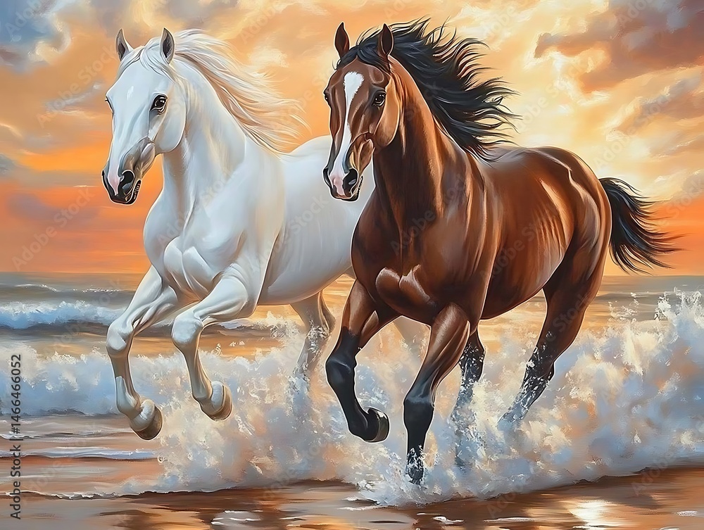 Fototapeta premium Horses Running on the Beach at Sunset