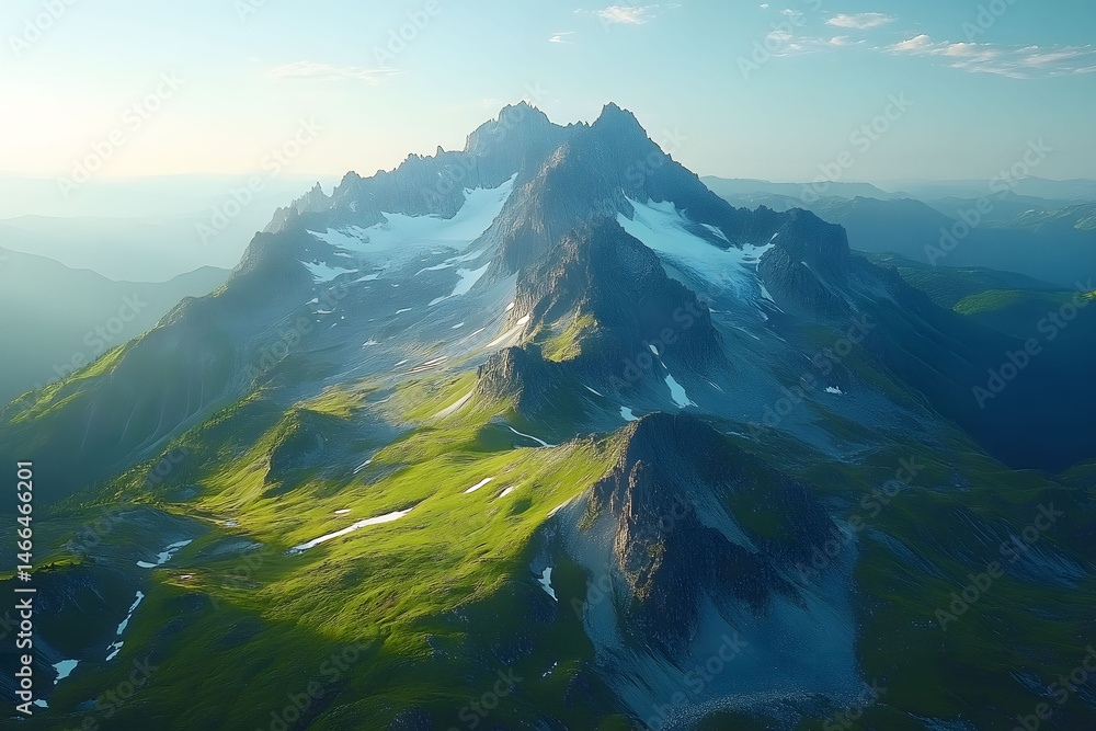 Majestic Mountain Range at Sunrise with Lush Green Valleys and Snow-capped Peaks