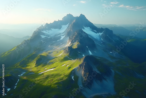 Obraz na płótnie Majestic Mountain Range at Sunrise with Lush Green Valleys and Snow-capped Peaks w salonie