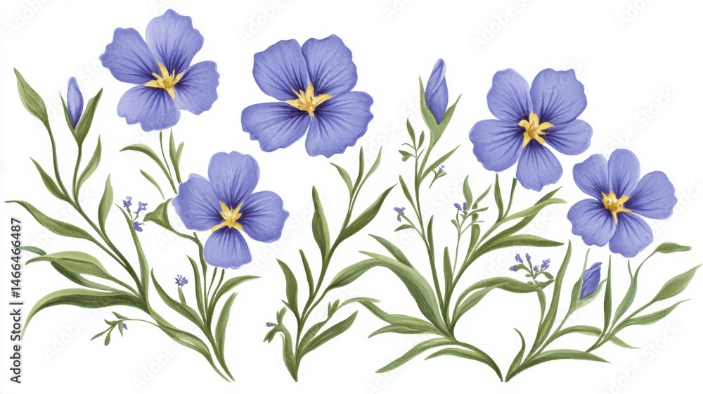 Cluster of flax blue flowers with detailed petal texture and yellow centers Cluster of flax blue flowers with detailed petal texture and yellow centers