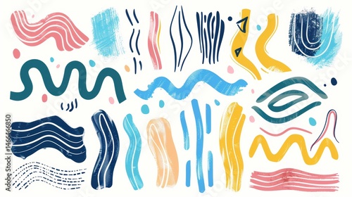 Colorful Bold Curved Lines Collection: Hand-Drawn Grunge Brush Strokes, Scribbles & Swirls on White