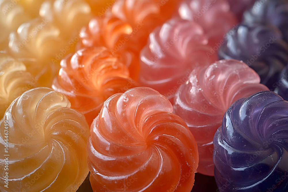 Vibrant Array of Colorful Swirl Candies Under Warm Light