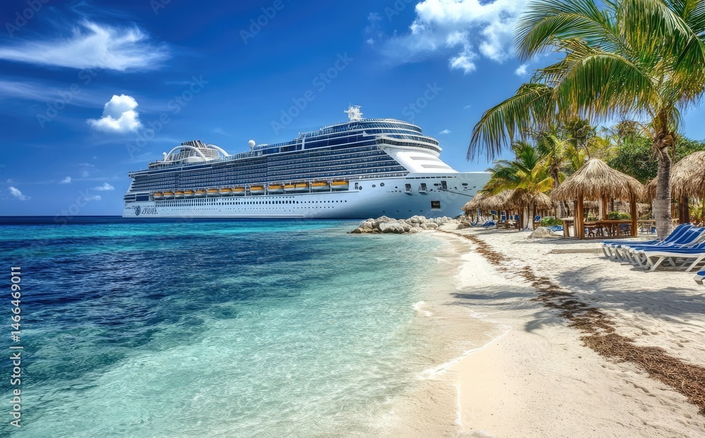 Fototapeta premium White cruise ship rests offshore as clear blue waves approach sandy beach with palapas