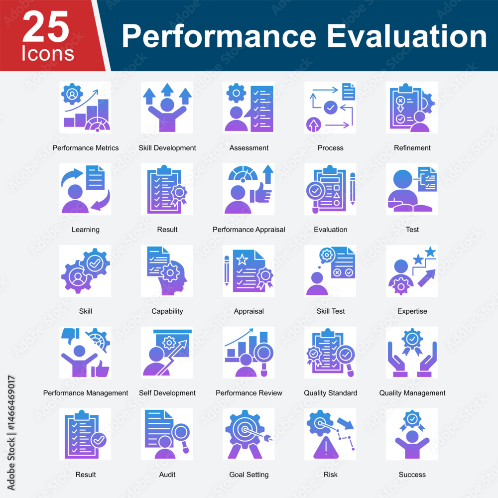 Performance Evaluation is a collection of icons focused on measuring and assessing individual and team performance, skill development, goal achievement, and quality standards to improve overall result Performance Evaluation is a collection of icons focused on measuring and assessing individual and team performance, skill development, goal achievement, and quality standards to improve overall result