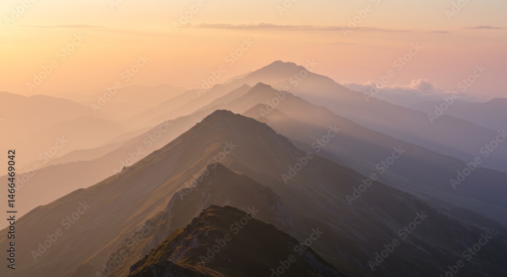 Fototapeta premium Layered Mountains at Sunset, Hazy Pink and Orange Hues