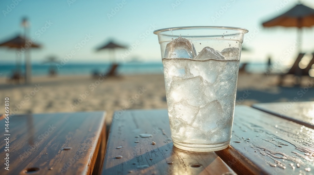 A plastic cup filled with melting ice, sitting on a table with a sunny beach background