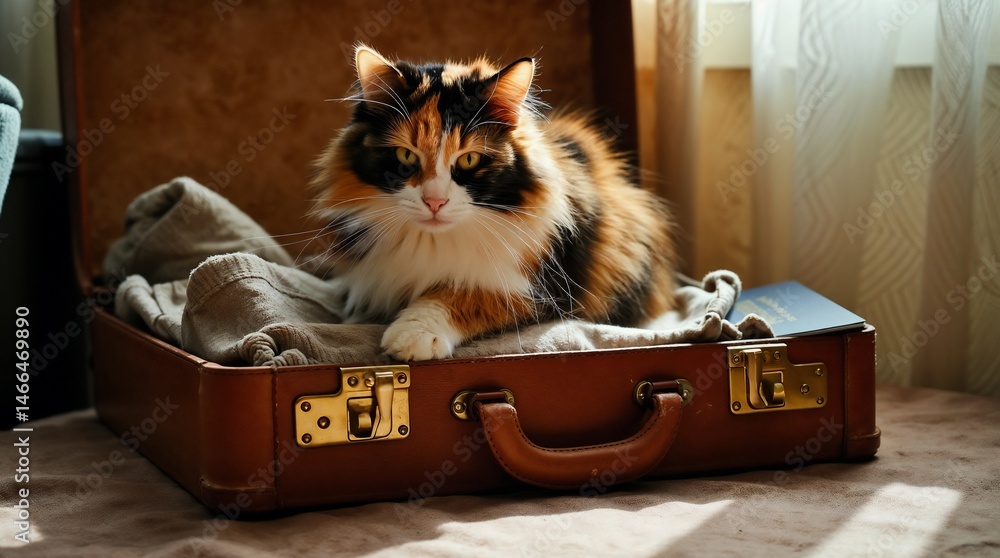 A calico cat lounging inside an open suitcase, looking curiously at the camera in a cozy interior