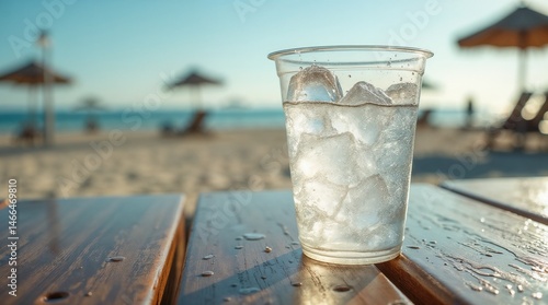 Obraz na płótnie A plastic cup filled with melting ice, sitting on a table with a sunny beach background w salonie