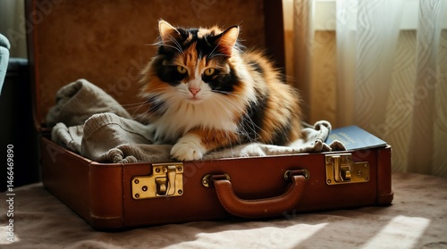 Obraz na płótnie A calico cat lounging inside an open suitcase, looking curiously at the camera in a cozy interior w salonie