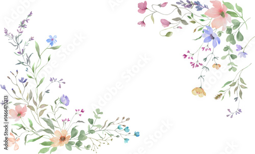 Watercolor floral frame with delicate wildflowers. Hand drawn illustration. Vector EPS.