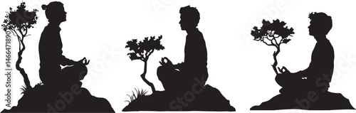 Meditation Silhouette Vector – Person Sitting Cross-Legged with Tree on Rock