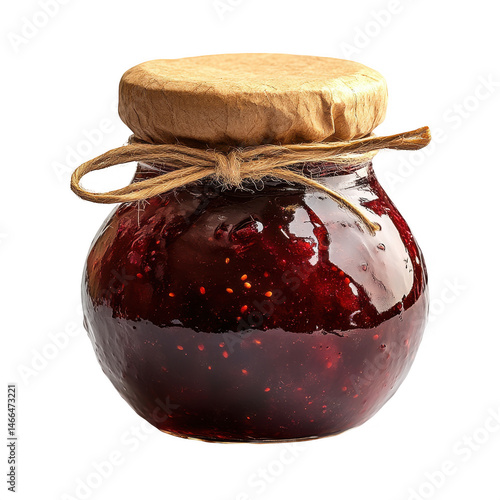 Raspberry jam in glass jar homemade preserve with rustic paper and twine on transparent background
