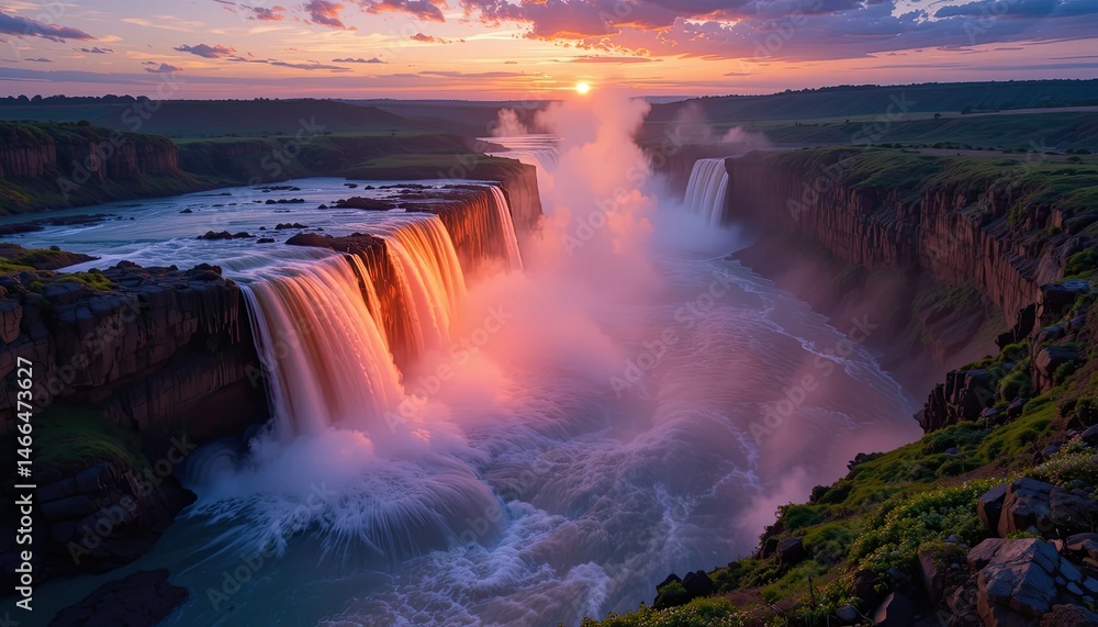 Fototapeta premium Majestic Waterfall Sunset Panorama: A Breathtaking View of Nature's Power and Serenity
