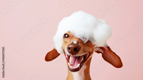 A fluffy jack russell terrier hound dog with soap foam bubbles on its head smiles enjoys bath time happy on light pink background. fun pet grooming hygiene playful cute poster