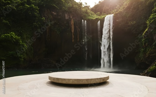 Nature backround for product placement, 3D waterfall landscape mockup backdrop for product and cosmetic presentation, backdrop photo for package or packaging box container