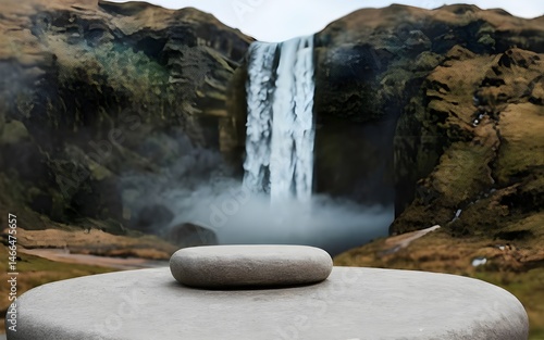 Nature backround for product placement, 3D waterfall landscape mockup backdrop for product and cosmetic presentation, backdrop photo for package or packaging box container
