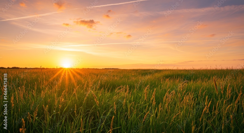 Fototapeta premium Sunset over a Serene Green Field