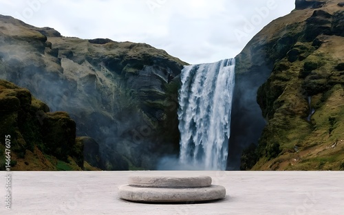 Nature backround for product placement, 3D waterfall landscape mockup backdrop for product and cosmetic presentation, backdrop photo for package or packaging box container