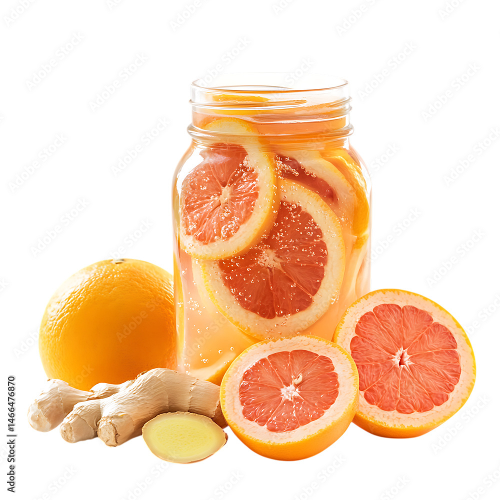 Grapefruit and Ginger in Sparkling Water Jar Isolated on Transparent Background Grapefruit and Ginger in Sparkling Water Jar Isolated on Transparent Background