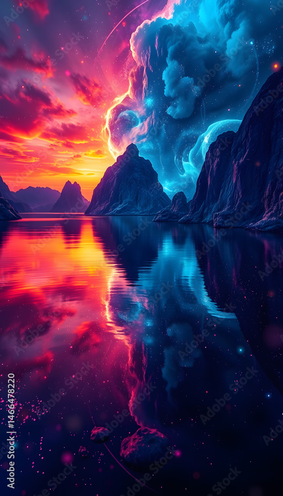 Fototapeta premium Vibrant Sunset over Mountains Reflected in Still Water a Surreal Landscape