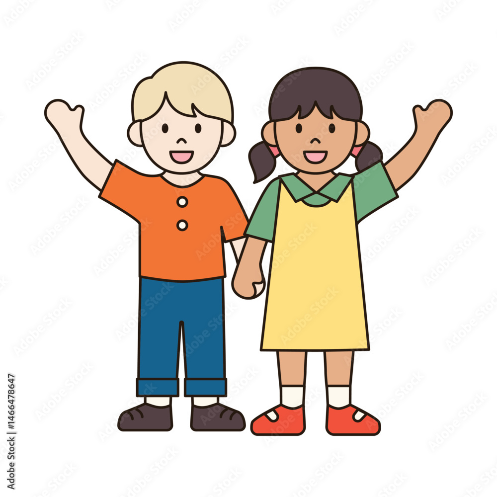 Fototapeta premium KIDS HOLDING HANDS UP children illustration simple outline drawing character doodle diverse race and ethnicity people cute kawaii style