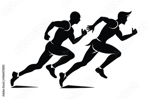 Two strong athletic figures are fiercely competing in a race depicted as black silhouettes