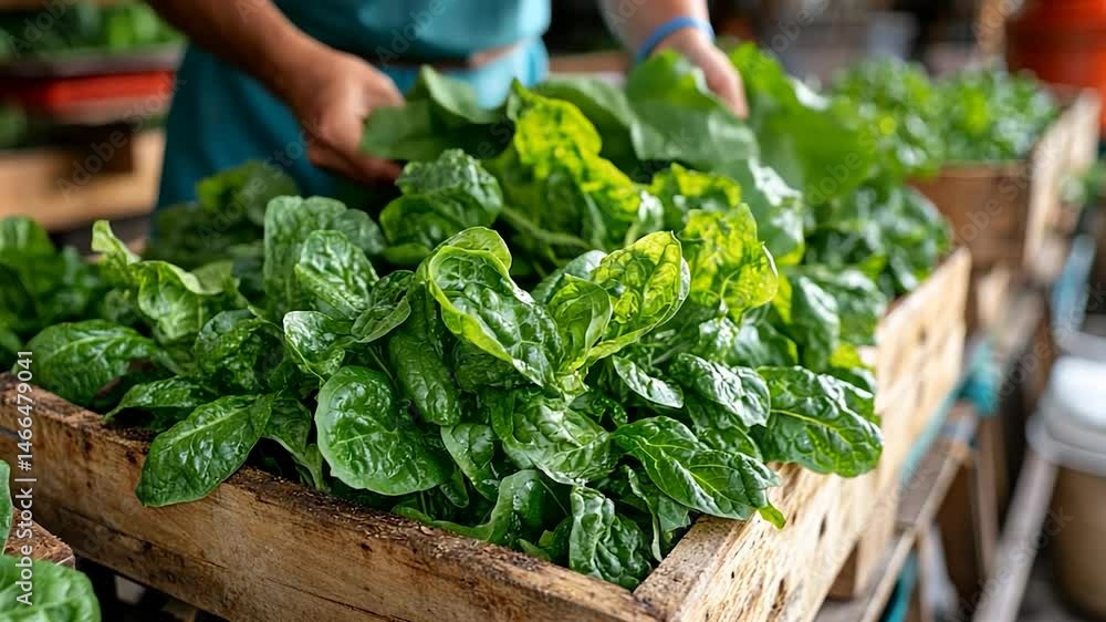 Close-up view of fresh green spinach leaves in rustic wooden crate. A person's hands are gently arranging the vibrant greens. Natural lighting enhances the fresh, healthy look Close-up view of fresh green spinach leaves in rustic wooden crate. A person's hands are gently arranging the vibrant greens. Natural lighting enhances the fresh, healthy look