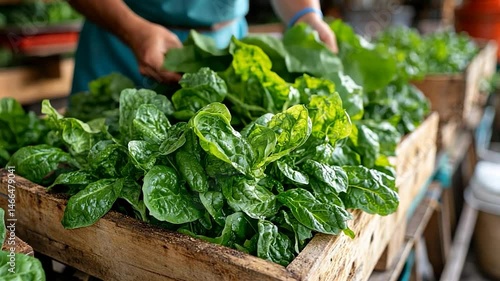 Close-up view of fresh green spinach leaves in rustic wooden crate.  A person's hands are gently arranging the vibrant greens. Natural lighting enhances the fresh, healthy look