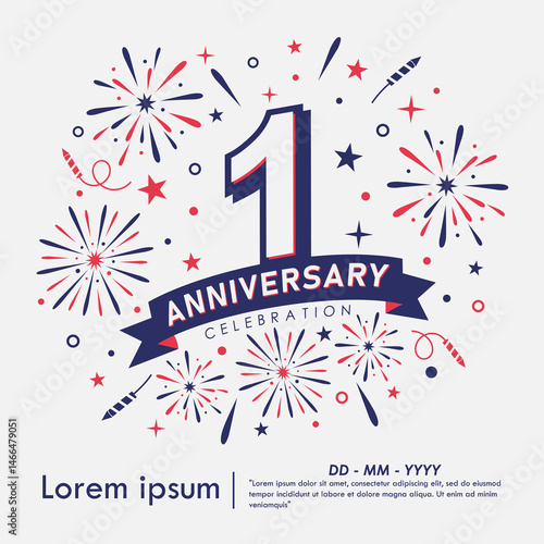 1st year anniversary celebration emblem. anniversary logo isolated with fireworks and stars sparkle and ribbon. vector illustration template design for web, flyers, poster, greeting card