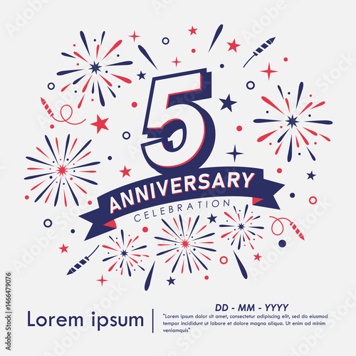 5th years anniversary celebration emblem. anniversary logo isolated with fireworks and stars sparkle and ribbon. vector illustration template design for web, flyers, poster, greeting card