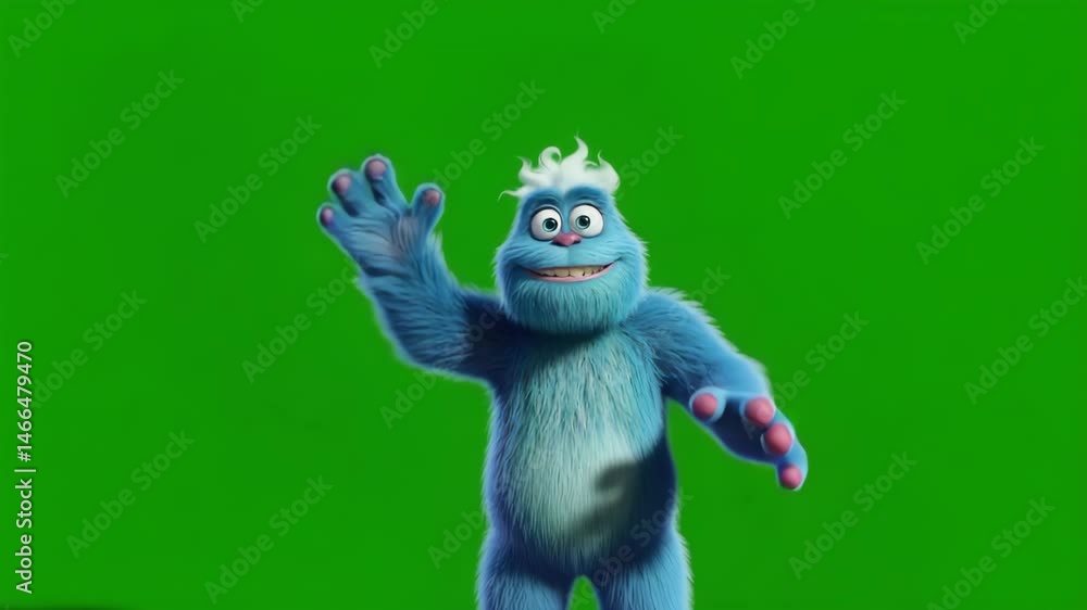 Blue Furry Monster Waving on Green Screen Blue Furry Monster Waving on Green Screen