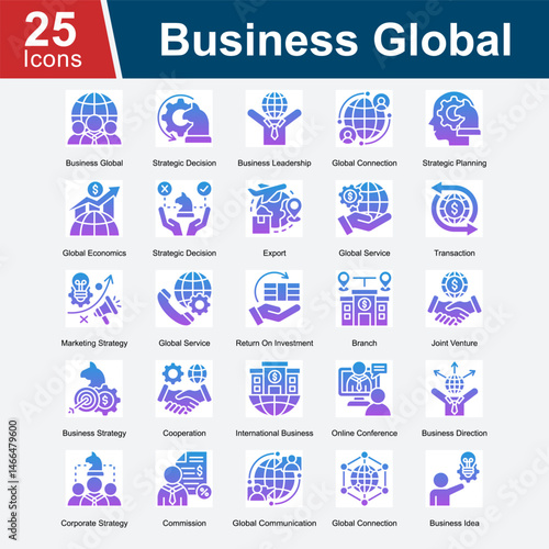 Business Global is a collection of icons representing global business strategies, leadership, international transactions, and global market expansion, emphasizing international collaboration.