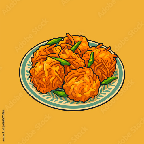 Bakwan or Onion Pakora with Green Chili on Plate