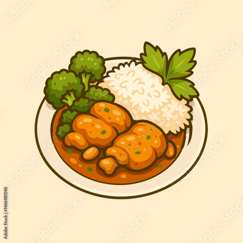 Chicken dish with rice and broccoli on a plate