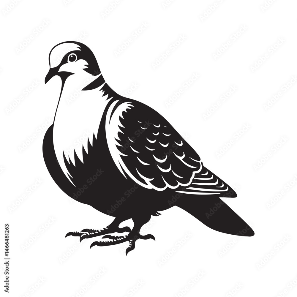 Fototapeta premium Graceful Eurasian Collared Dove Bird Vector Silhouette – Elegant Flight, Peaceful Perch, and Timeless Symbol of Tranquility in Minimalist Art - Illustration of Collared Dove Bird.