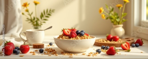 Wallpaper Mural healthy breakfast scene with granola and fruits, 3d illustration, soft background, natural daylight, clean and simple aesthetic Torontodigital.ca