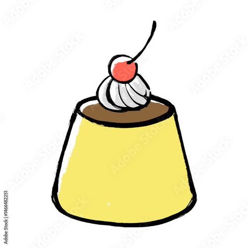 筆タッチのさくらんぼののったプリンのイラスト