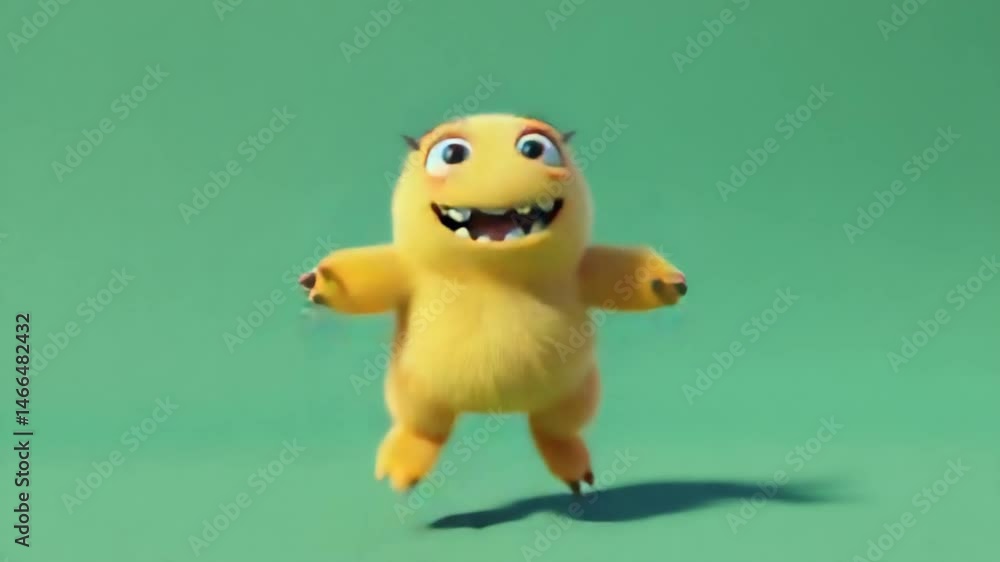 Cheerful Yellow Monster Mascot Character on Green Background