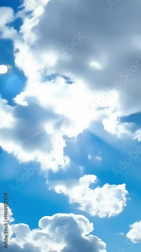 A dynamic timelapse of fluffy white clouds floating in a clear blue sky(Loop playback possible)