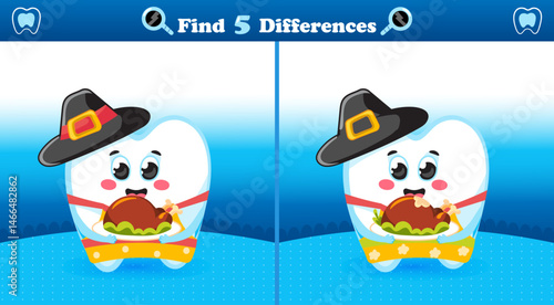 Find the Differences Game with Cute Tooth and Thanksgiving Day
