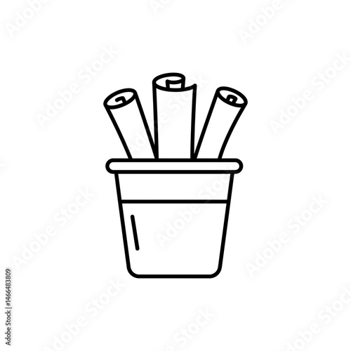 Bucket with rolled-up papers sticking out icon, storage container symbol, creative workspace element, office supplies vector, artistic organization graphic, document holder design, stock illustration