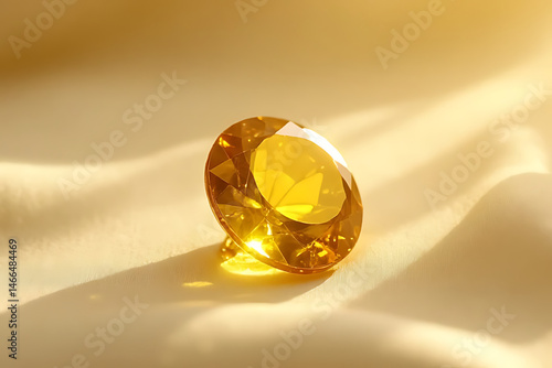 Luxury yellow sapphire gem glowing on a silky neutral fabric, minimalistic design, soft warm tones and bokeh effect in background