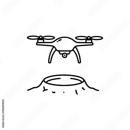 Drone with Propellers Flying Over Crater - Minimal Top View