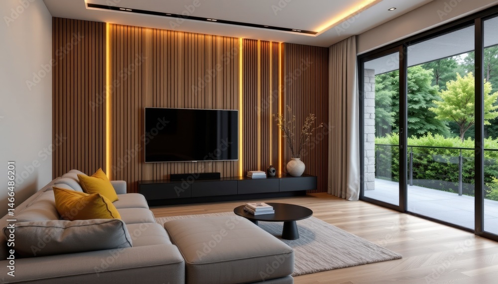 Fototapeta premium Modern living room design contemporary home interior photo cozy ambiance indoor view stylish concept
