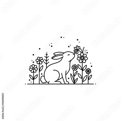 Rabbit Sniffing Flowers in a Garden Representing Nature and Peace