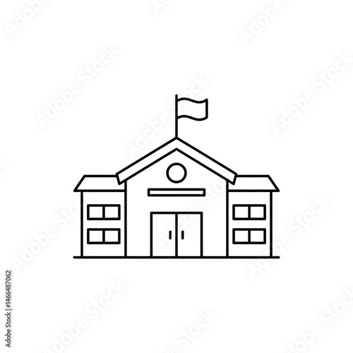 School Building Front View with Flag Indicating Institution