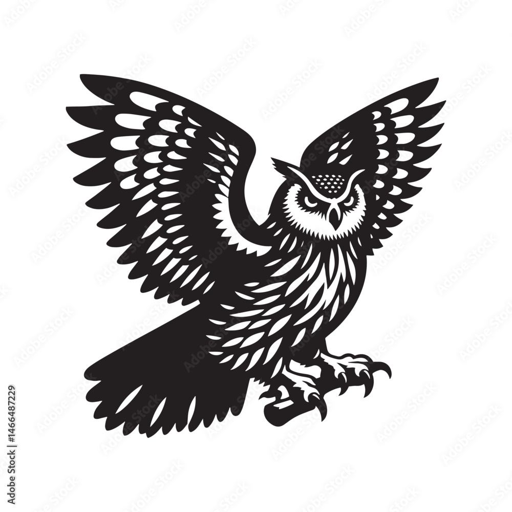 Obraz premium Majestic Eurasian Eagle Owl Bird Vector Silhouette – Powerful Predator, Nocturnal Hunter, and Symbol of Wisdom in Striking Minimalist Art - Eurasian Eagle Owl Bird Illustration.